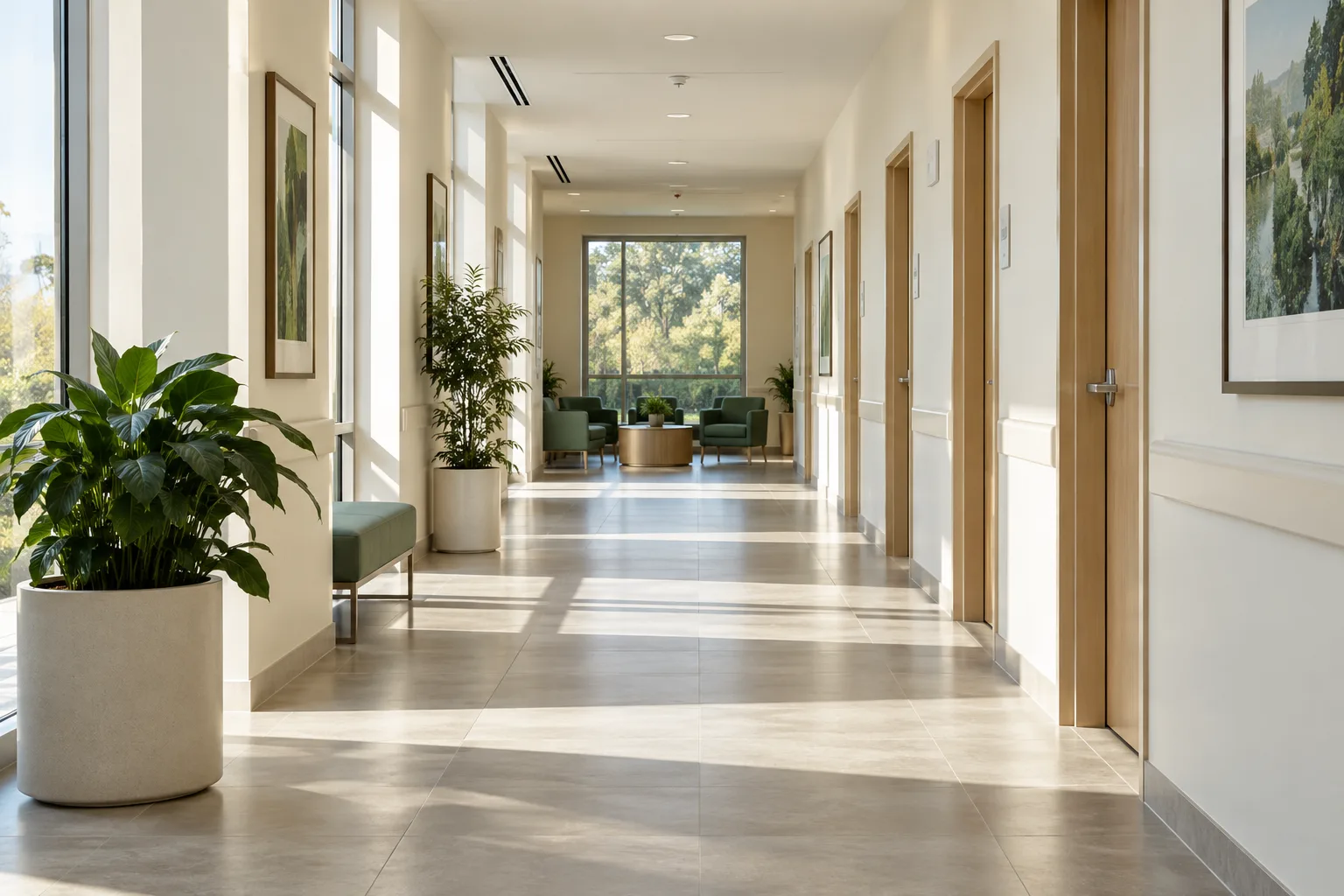 A spacious daylight-filled practice corridor with pale wooden doorways.