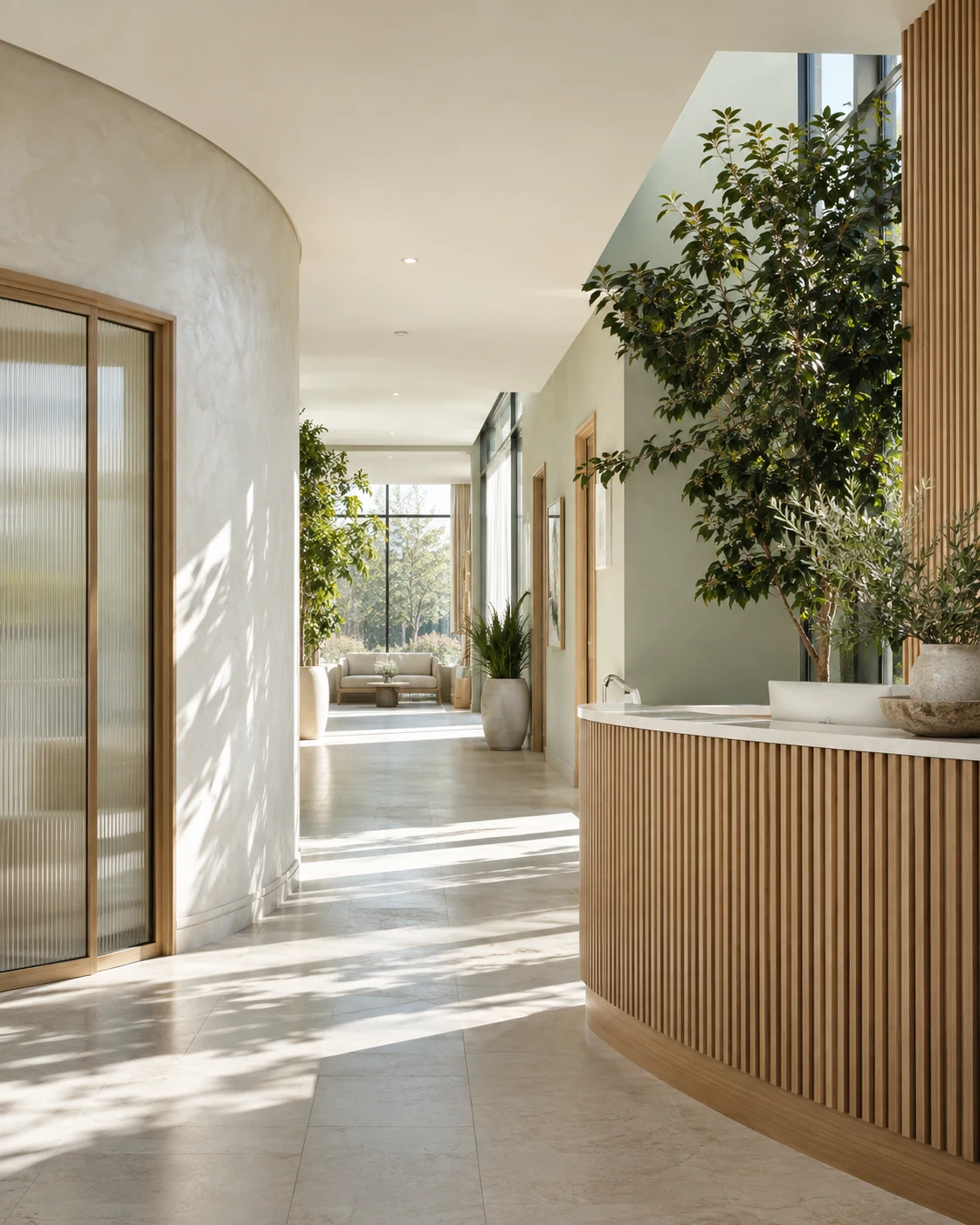A sunlit healthcare-practice reception with curved ivory walls, pale wood and green foliage.