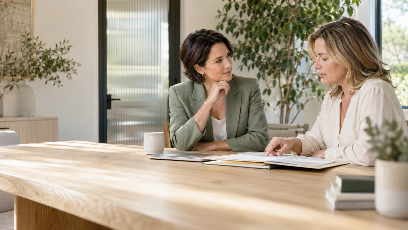 A first conversation at a sunlit practice table.