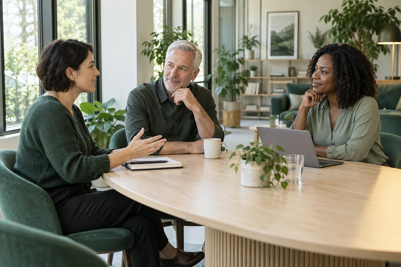A conversation around a table in a bright green and cream workplace.