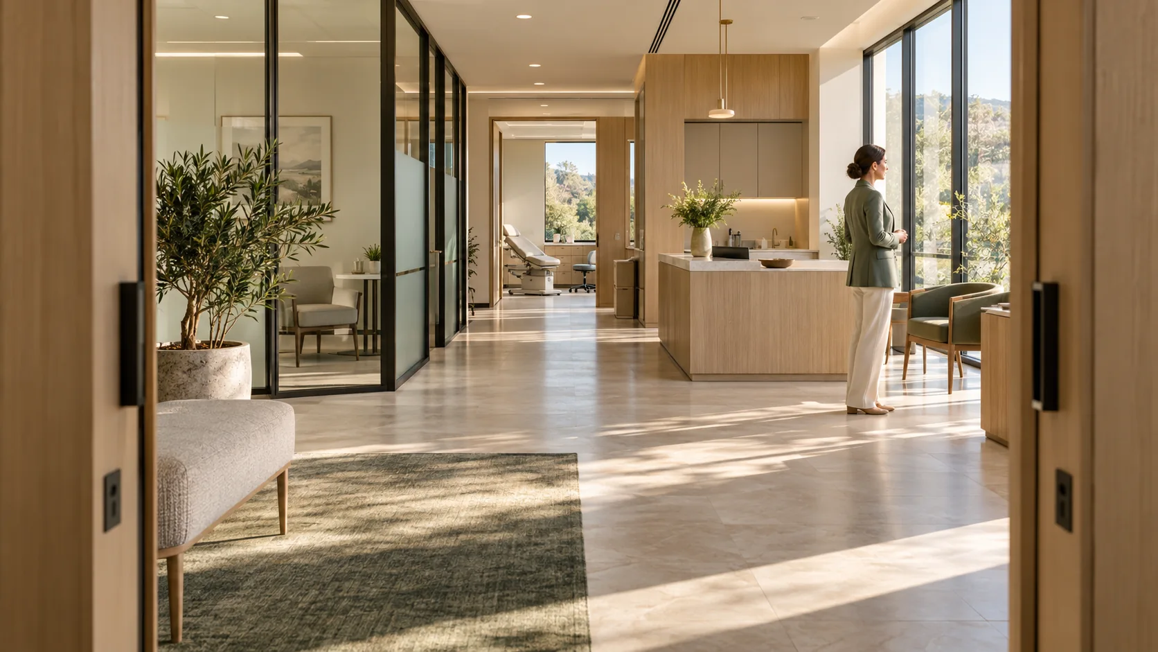 A practice director beside the windows of a spacious daylight-filled clinical workspace.