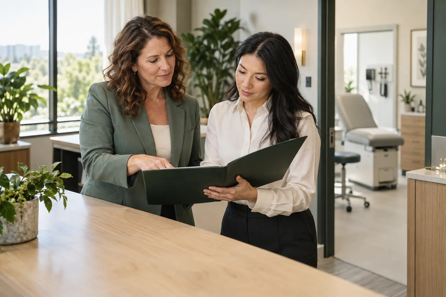 Two professionals reviewing an agreement at a bright healthcare practice counter.