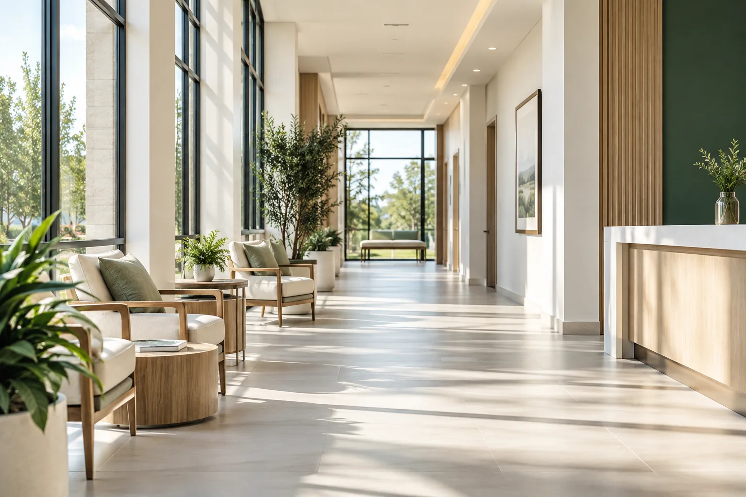 A bright and open healthcare practice meeting space.