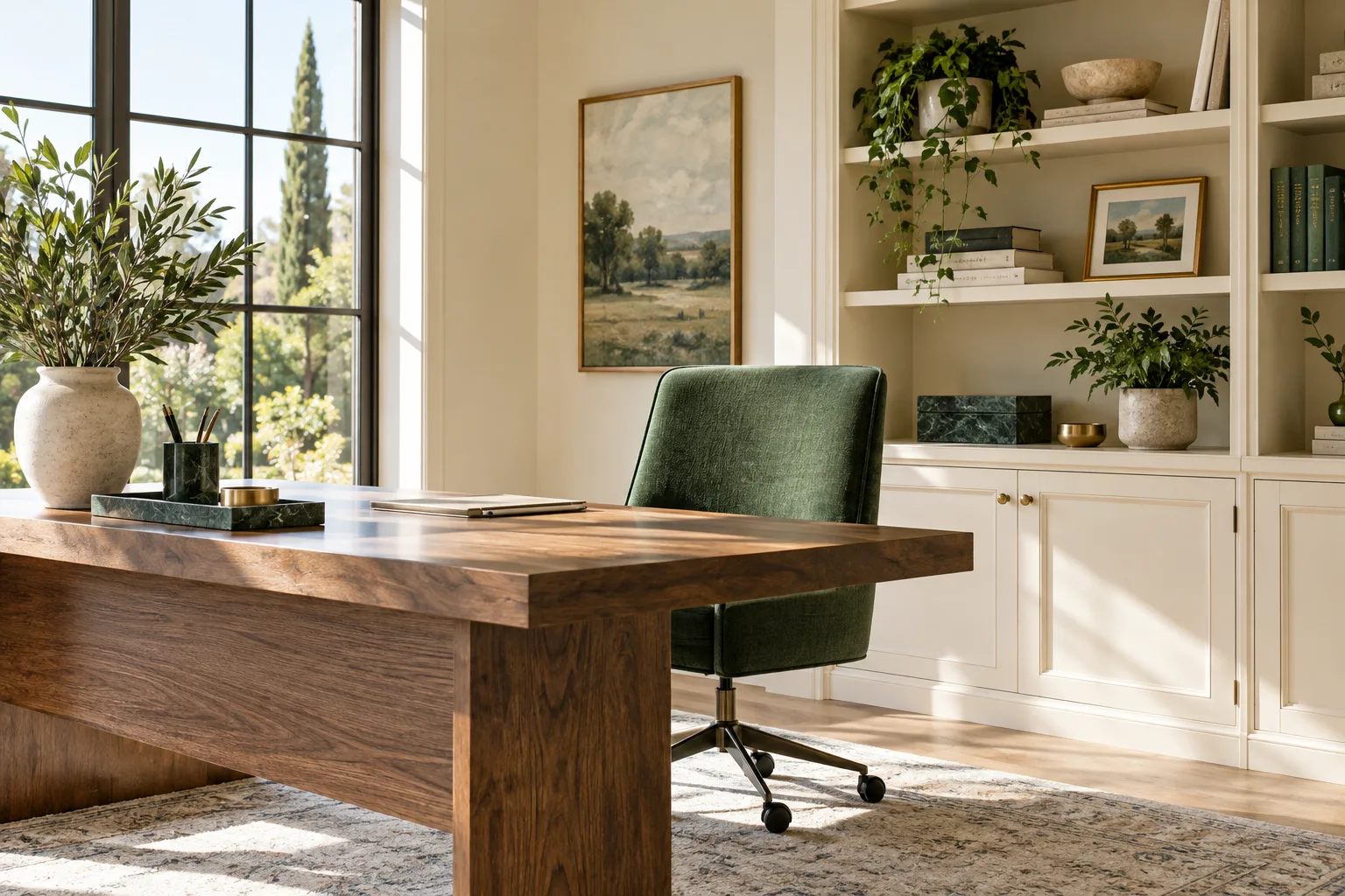 A quiet administrative workspace with a green chair.